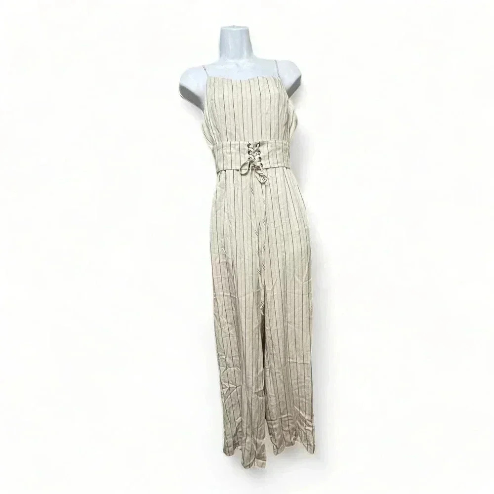 BB Dakota White Striped Lace Up Jumpsuit Romper Sz 4 Classic‎ Coastal Beach